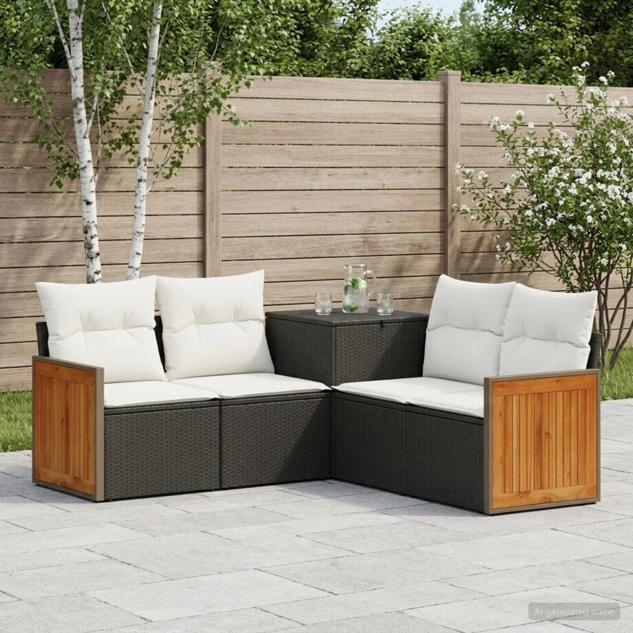 vidaXL Bankstel 5 st Zwart en Cream Wit Poly Rattan en Staal afbeelding 1