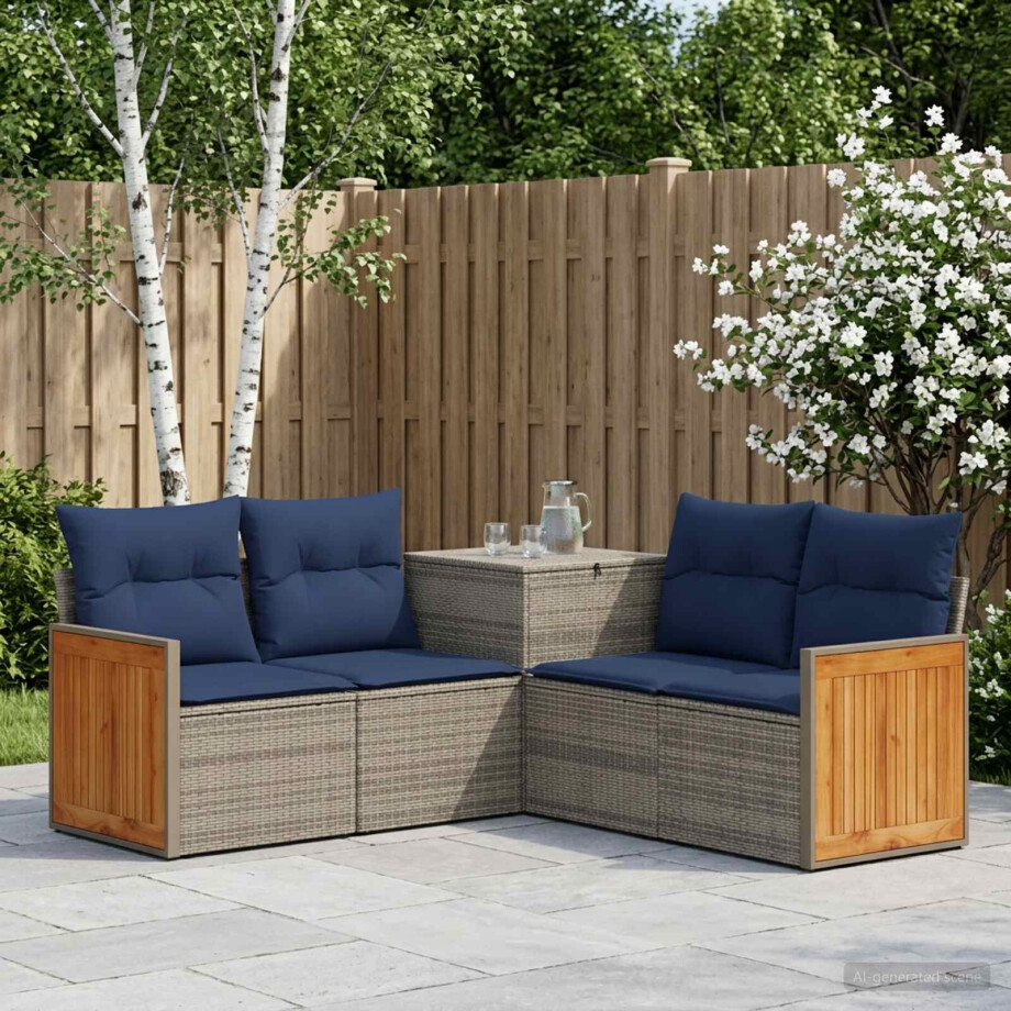 vidaXL Bankstel 5 st Grijs en Marineblauw Poly Rattan en Staal afbeelding 1