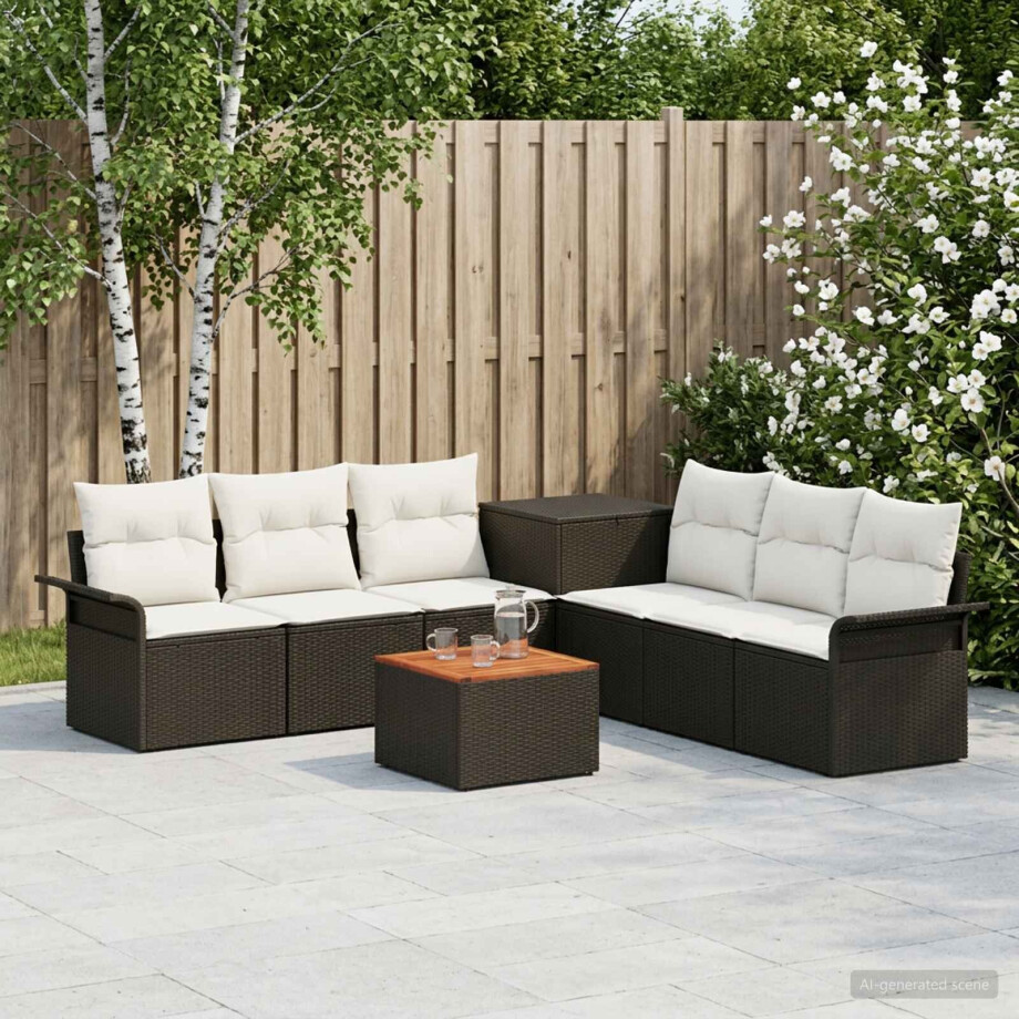 vidaXL Bankstel 8 st Zwart en Cream Wit Poly Rattan en Staal afbeelding 1