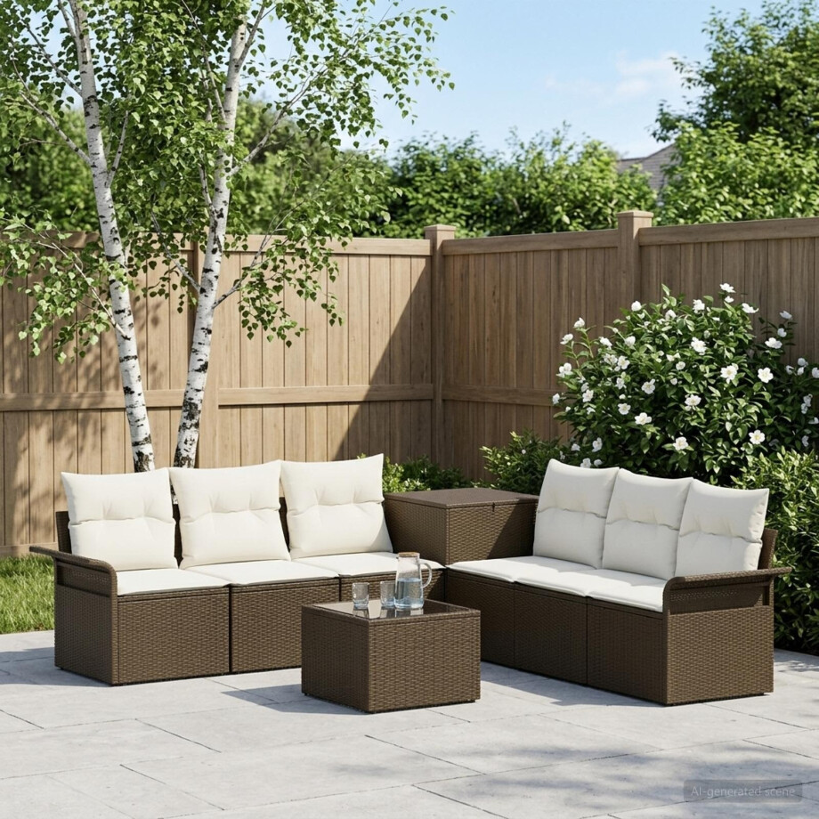vidaXL Bankstel 8 st Bruin en Crème Wit Poly Rattan en Staal afbeelding 1