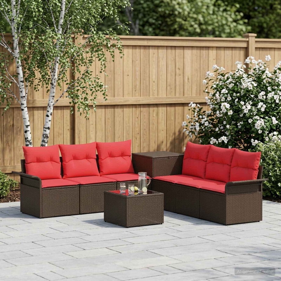 vidaXL Bankstel 8 st Bruin en Rood Poly Rattan en Staal afbeelding 1