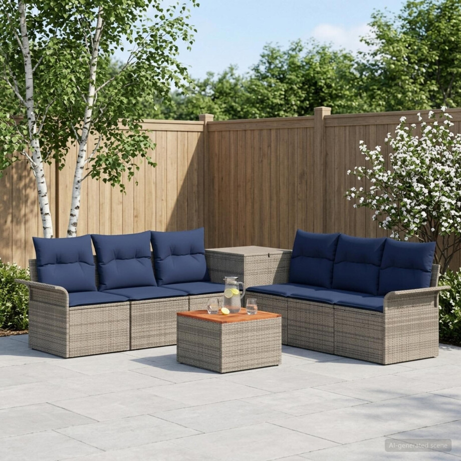 vidaXL Bankstel 8 st Grijs en Marineblauw Poly Rattan en Staal afbeelding 1