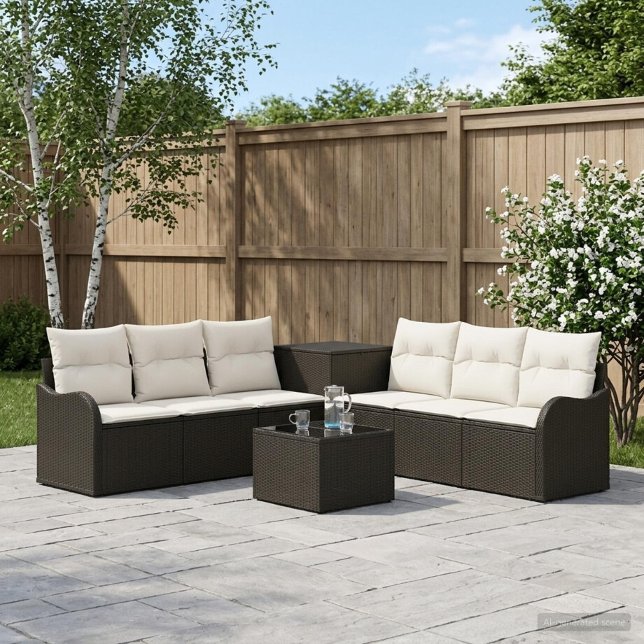 vidaXL Bankstel 8 st Zwart en Cream Wit Poly Rattan en Staal afbeelding 1