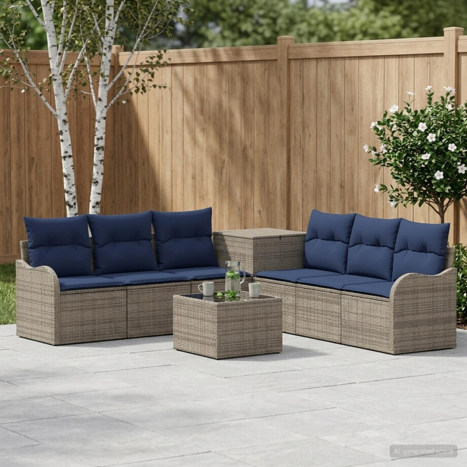 vidaXL Bankstel 8 st Grijs en Marineblauw Poly Rattan en Staal afbeelding 1