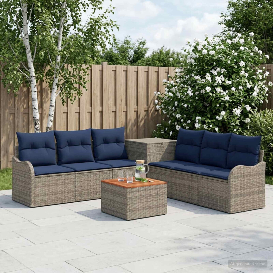 vidaXL Bankstel 8 st Grijs en Marineblauw Poly Rattan en Staal afbeelding 1