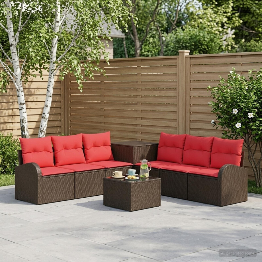 vidaXL Bankstel 8 st Bruin en Rood Poly Rattan en Staal afbeelding 1