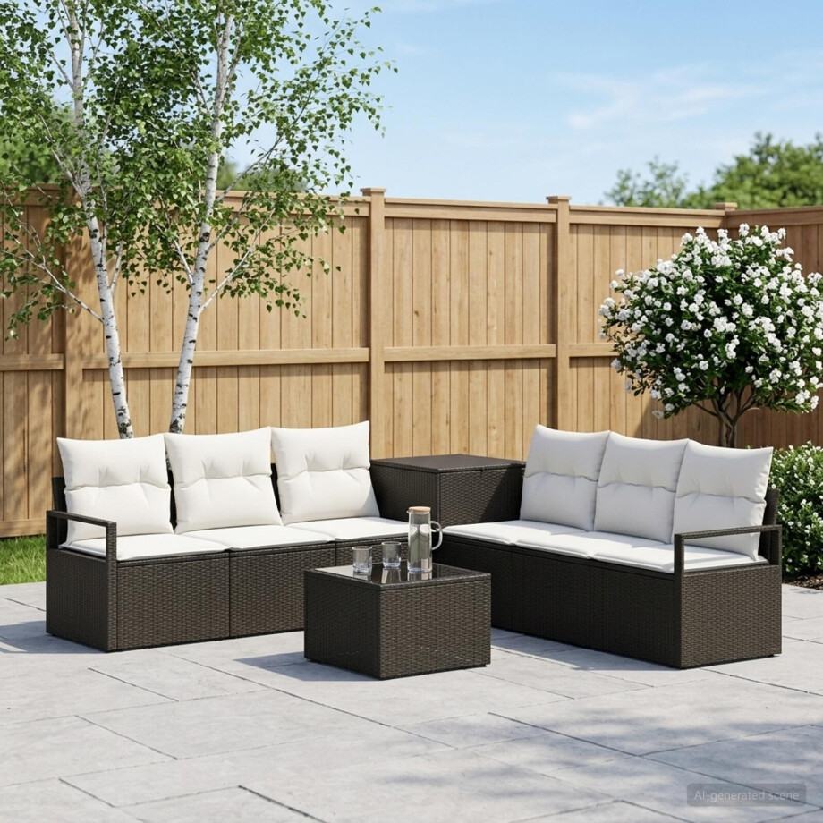 vidaXL Bankstel 8 st Zwart en Cream Wit Poly Rattan en Staal afbeelding 1
