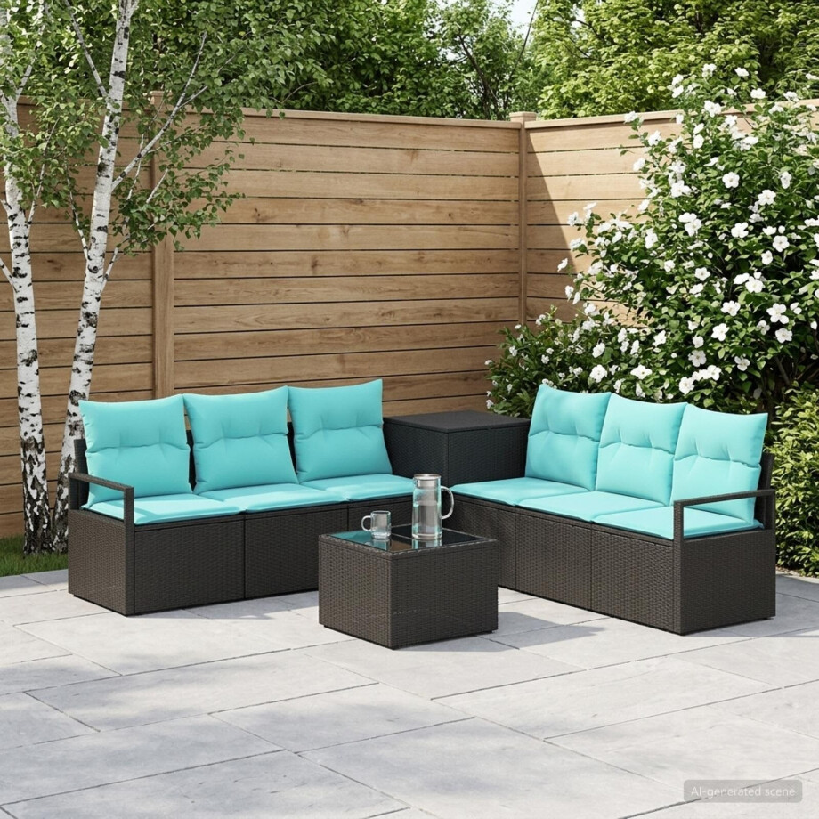 vidaXL Bankstel 8 st Zwart en Blauw Poly Rattan en Staal afbeelding 1