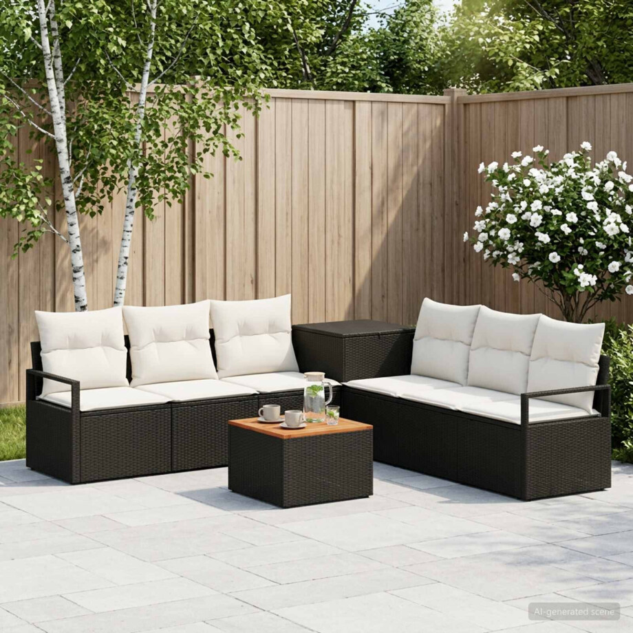 vidaXL Bankstel 8 st Zwart en Cream Wit Poly Rattan en Staal afbeelding 1