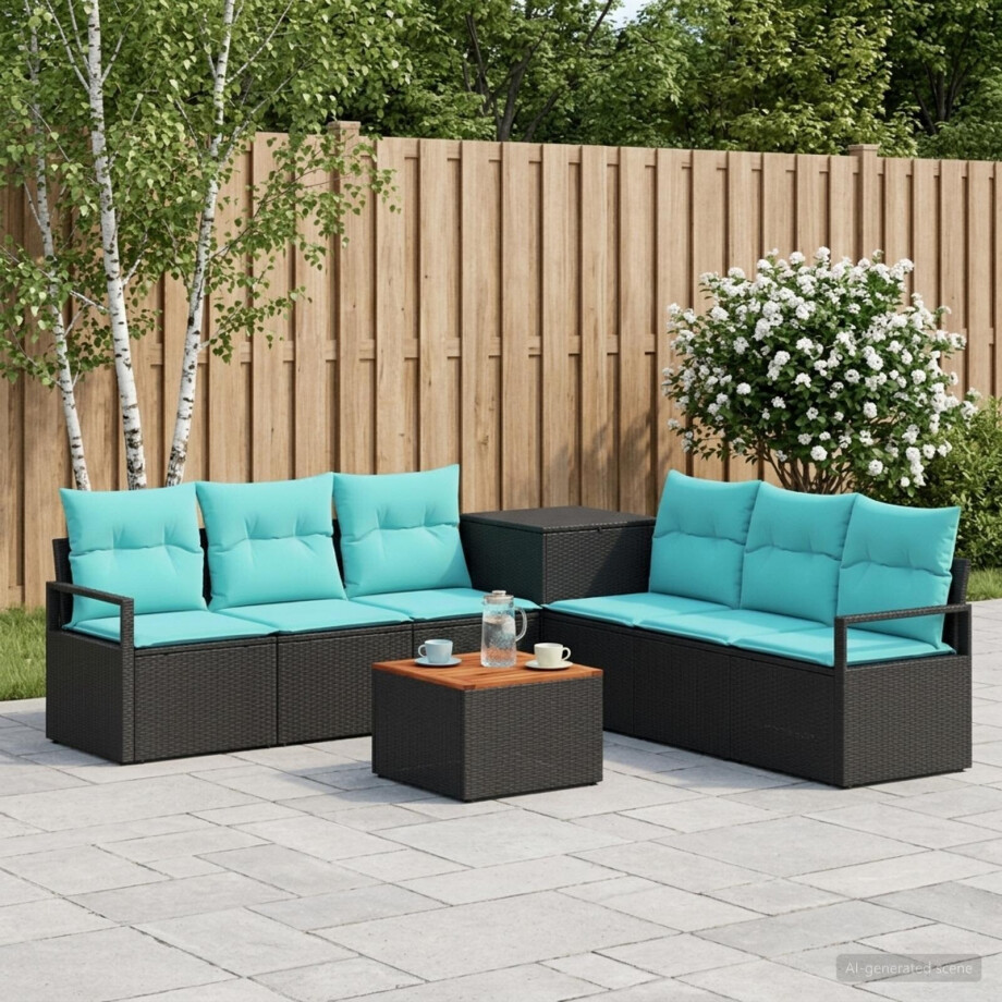 vidaXL Bankstel 8 st Zwart en Blauw Poly Rattan en Staal afbeelding 1