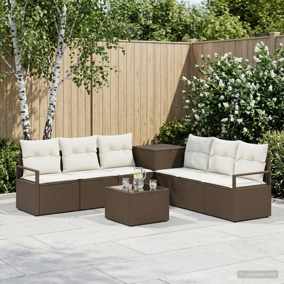 vidaXL Bankstel 8 st Bruin en Crème Wit Poly Rattan en Staal afbeelding 1