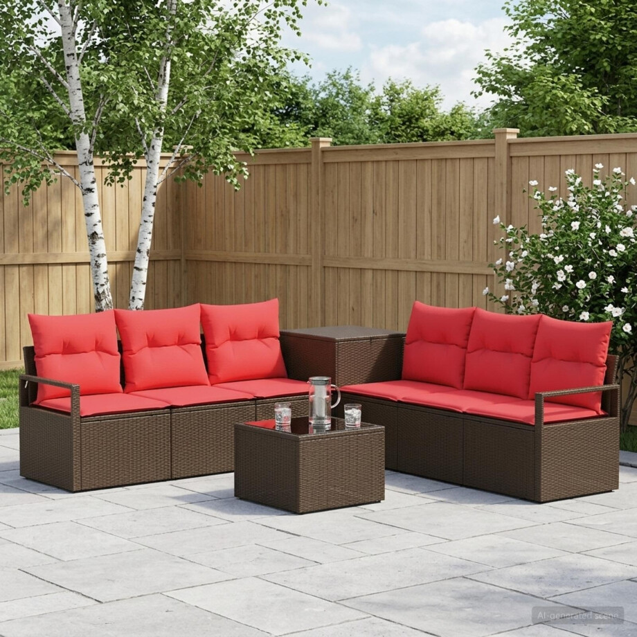 vidaXL Bankstel 8 st Bruin en Rood Poly Rattan en Staal afbeelding 1