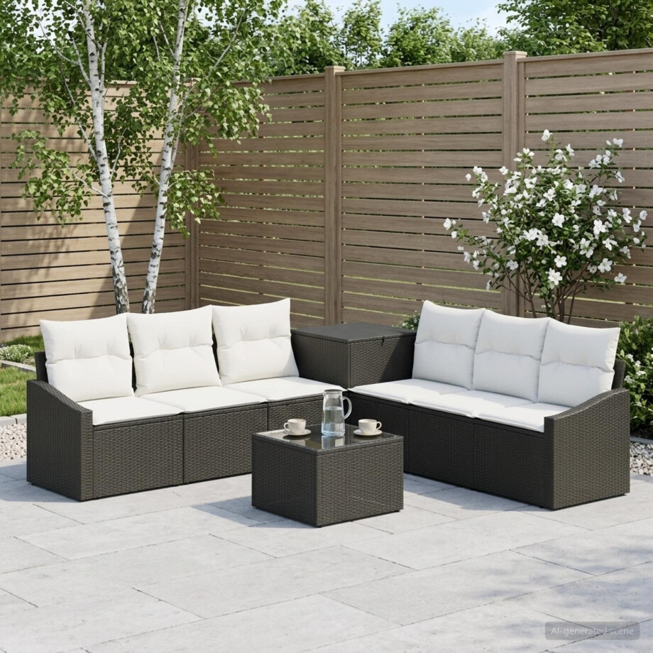 vidaXL Bankstel 8 st Zwart en Cream Wit Poly Rattan en Staal afbeelding 1