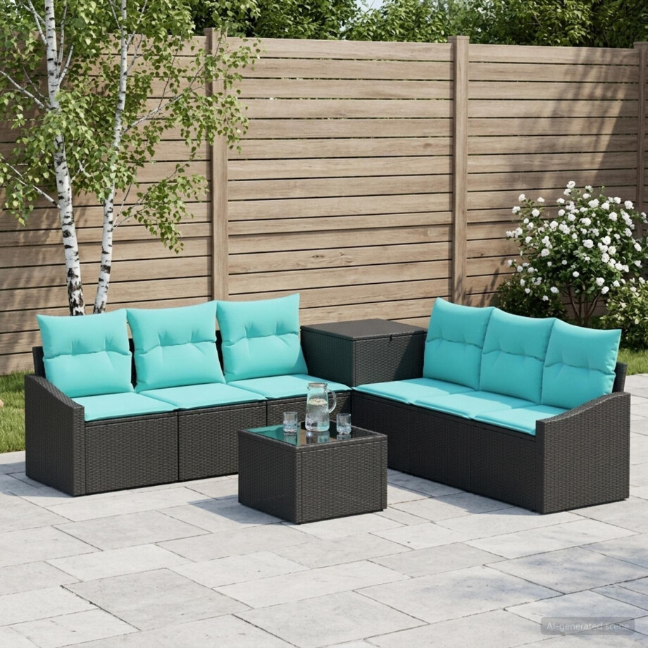 vidaXL Bankstel 8 st Zwart en Blauw Poly Rattan en Staal afbeelding 1