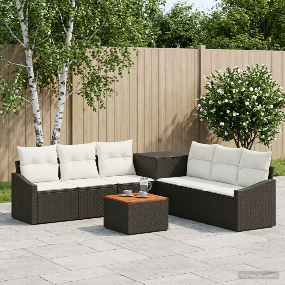 vidaXL Bankstel 8 st Zwart en Cream Wit Poly Rattan en Staal afbeelding 1