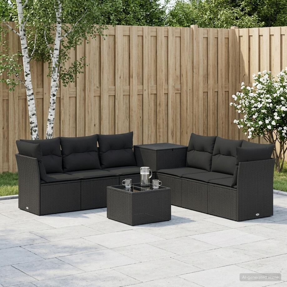 vidaXL Bankstel 8 st Zwart Poly Rattan en Staal afbeelding 1