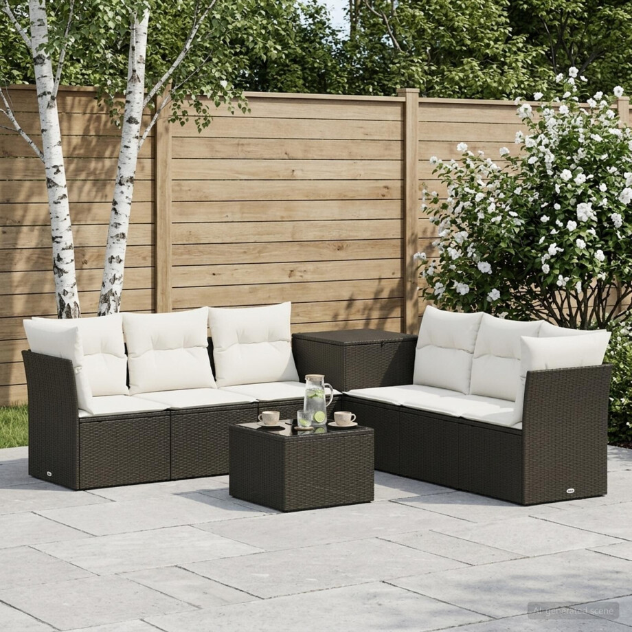 vidaXL Bankstel 8 st Zwart en Cream Wit Poly Rattan en Staal afbeelding 1
