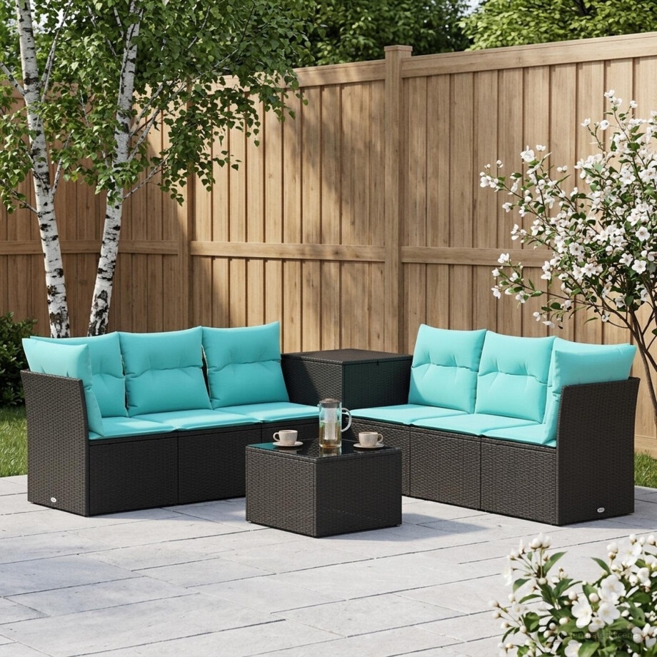 vidaXL Bankstel 8 st Zwart en Blauw Poly Rattan en Staal afbeelding 1