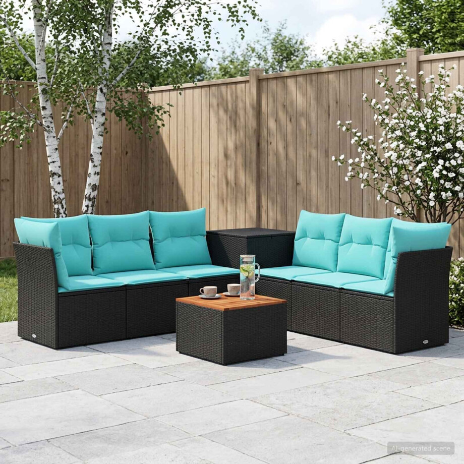 vidaXL Bankstel 8 st Zwart en Blauw Poly Rattan en Staal afbeelding 1