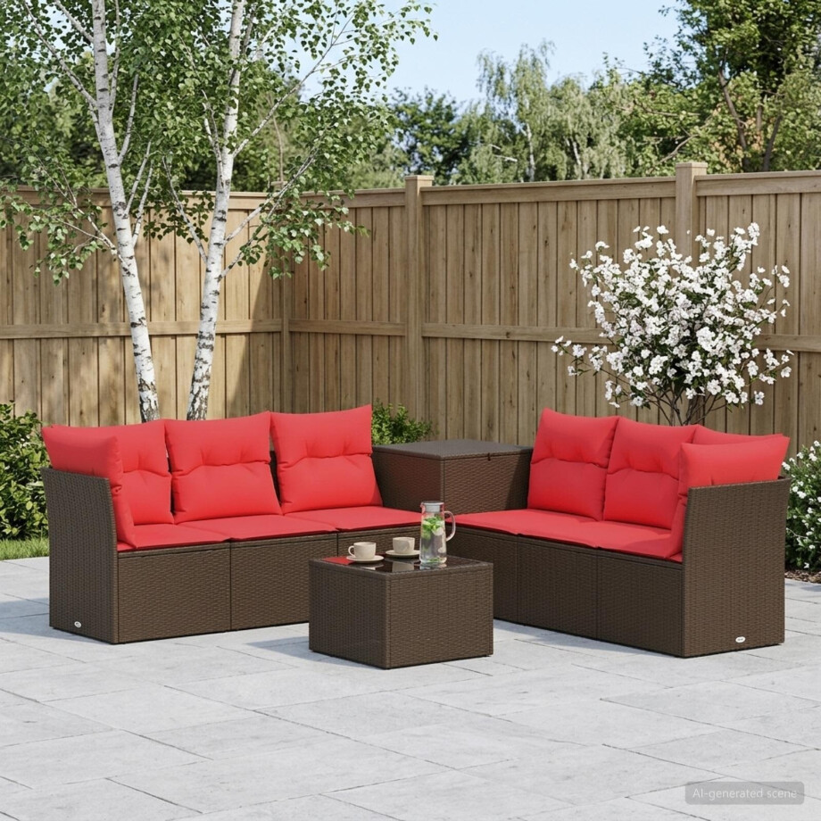 vidaXL Bankstel 8 st Bruin en Rood Poly Rattan en Staal afbeelding 1