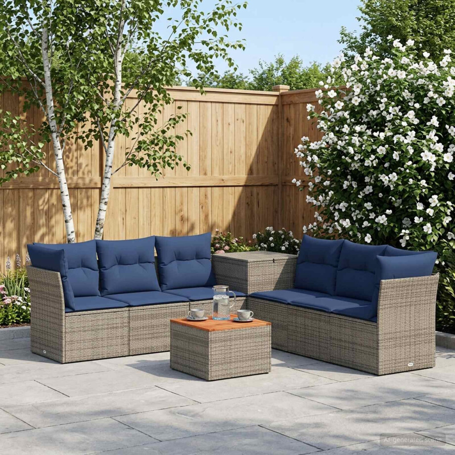vidaXL Bankstel 8 st Grijs en Marineblauw Poly Rattan en Staal afbeelding 1