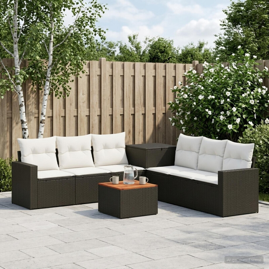vidaXL Bankstel 8 st Zwart en Cream Wit Poly Rattan en Staal afbeelding 1