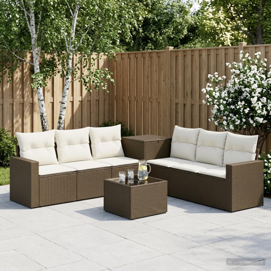 vidaXL Bankstel 8 st Bruin en Crème Wit Poly Rattan en Staal afbeelding 1