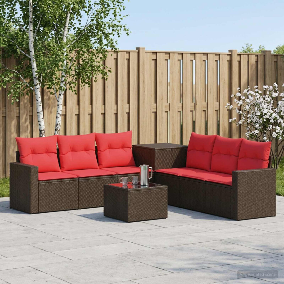 vidaXL Bankstel 8 st Bruin en Rood Poly Rattan en Staal afbeelding 1