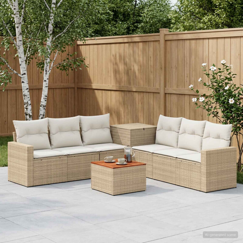 vidaXL Bankstel 8 st Beige en Crème Wit Poly Rattan en Staal afbeelding 1
