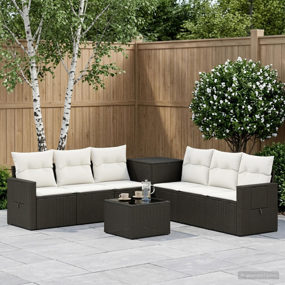 vidaXL Bankstel 8 st Zwart en Cream Wit Poly Rattan en Staal afbeelding 1