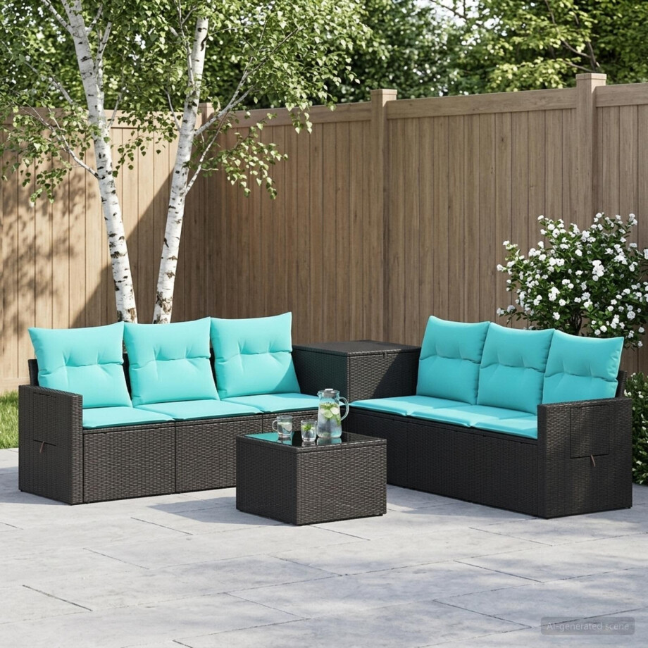 vidaXL Bankstel 8 st Zwart en Blauw Poly Rattan en Staal afbeelding 1