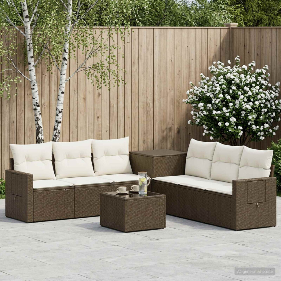 vidaXL Bankstel 8 st Bruin en Crème Wit Poly Rattan en Staal afbeelding 1