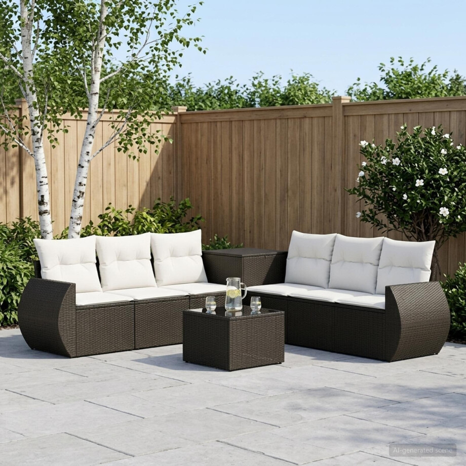 vidaXL Bankstel 8 st Zwart en Cream Wit Poly Rattan en Staal afbeelding 1