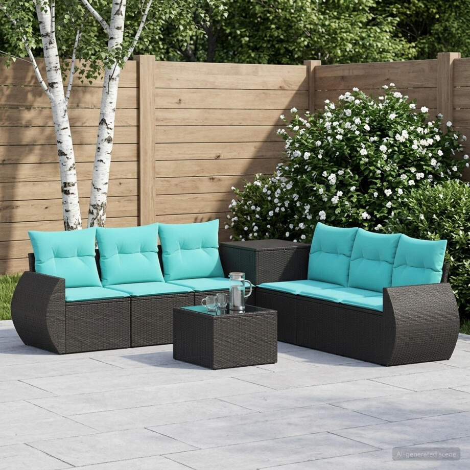 vidaXL Bankstel 8 st Zwart en Blauw Poly Rattan en Staal afbeelding 1