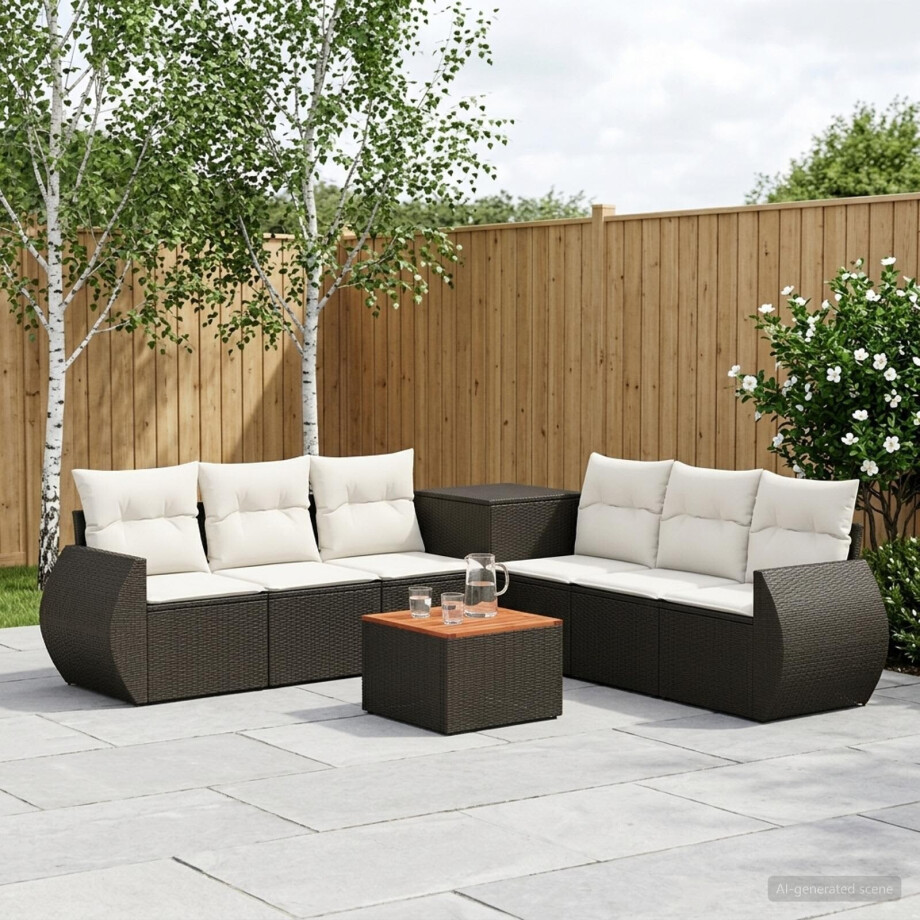 vidaXL Bankstel 8 st Zwart en Cream Wit Poly Rattan en Staal afbeelding 1