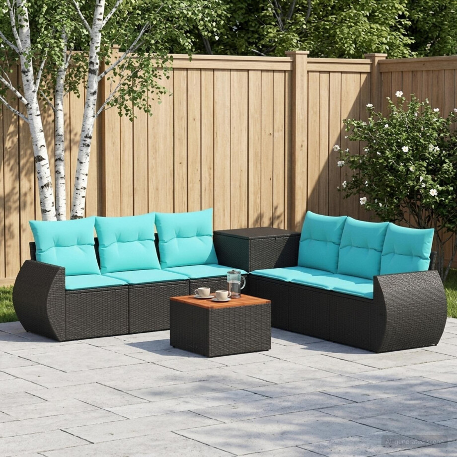 vidaXL Bankstel 8 st Zwart en Blauw Poly Rattan en Staal afbeelding 1