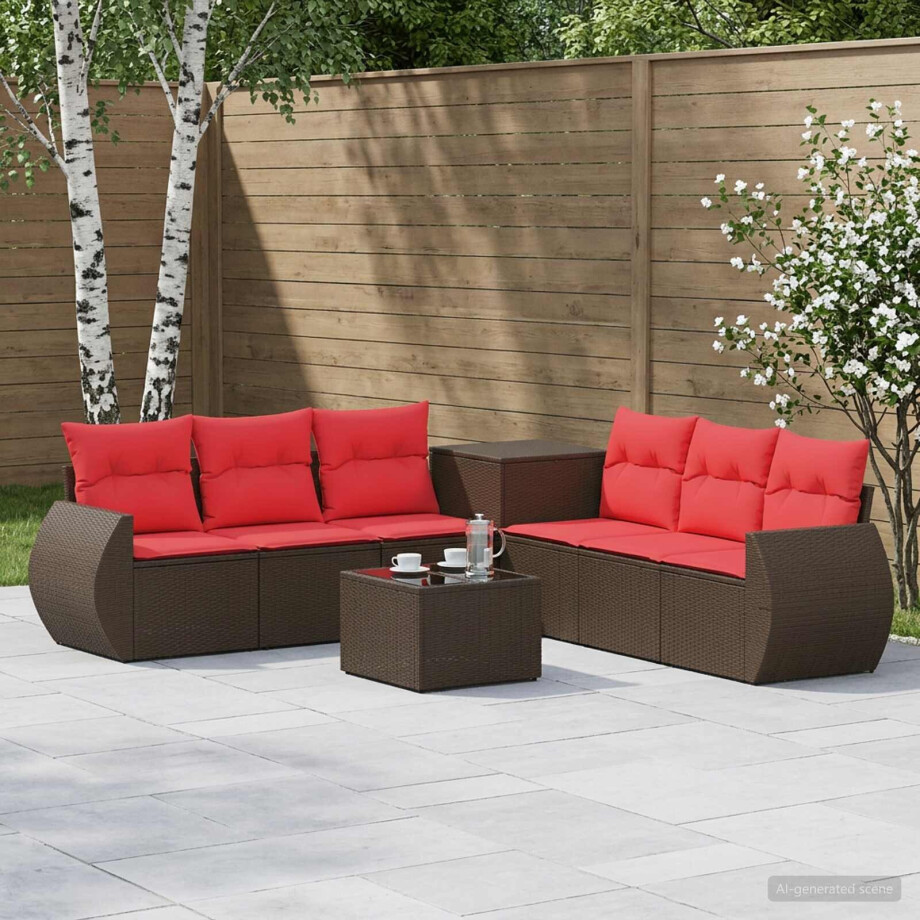 vidaXL Bankstel 8 st Bruin en Rood Poly Rattan en Staal afbeelding 1