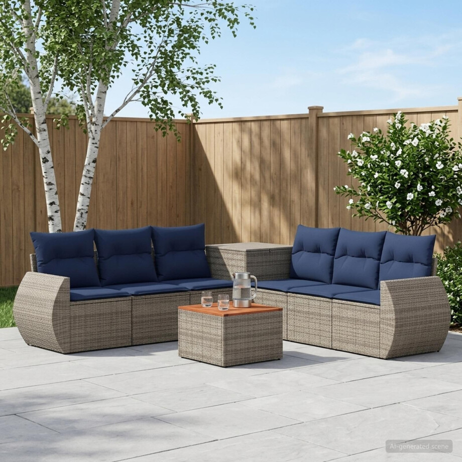 vidaXL Bankstel 8 st Grijs en Marineblauw Poly Rattan en Staal afbeelding 1