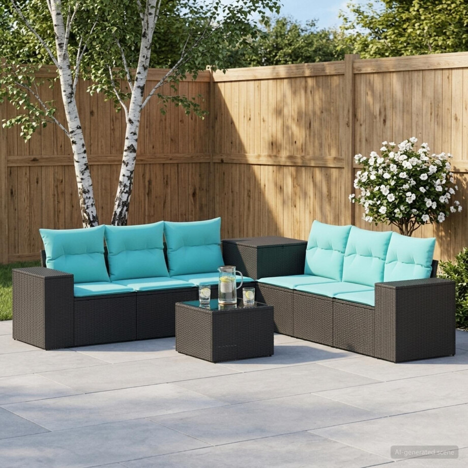 vidaXL Bankstel 8 st Zwart en Blauw Poly Rattan en Staal afbeelding 1