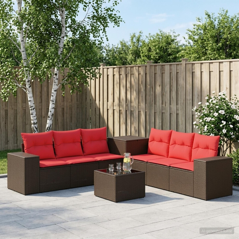 vidaXL Bankstel 8 st Bruin en Rood Poly Rattan en Staal afbeelding 1