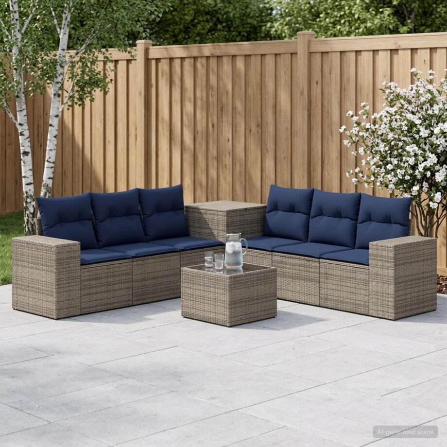 vidaXL Bankstel 8 st Grijs en Marineblauw Poly Rattan en Staal afbeelding 1