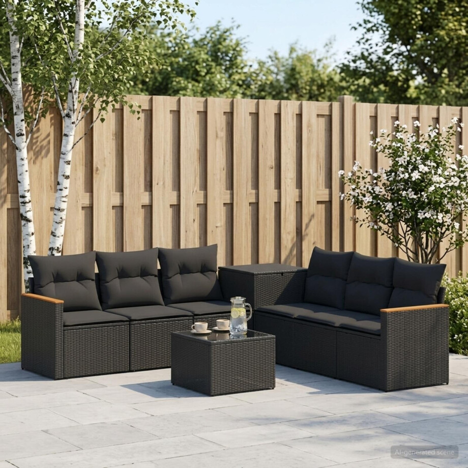 vidaXL Bankstel 8 st Zwart Poly Rattan en Staal afbeelding 1