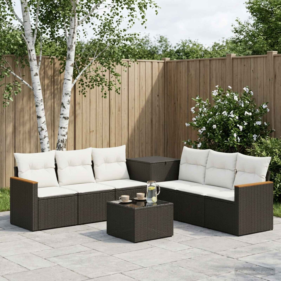 vidaXL Bankstel 8 st Zwart en Cream Wit Poly Rattan en Staal afbeelding 1