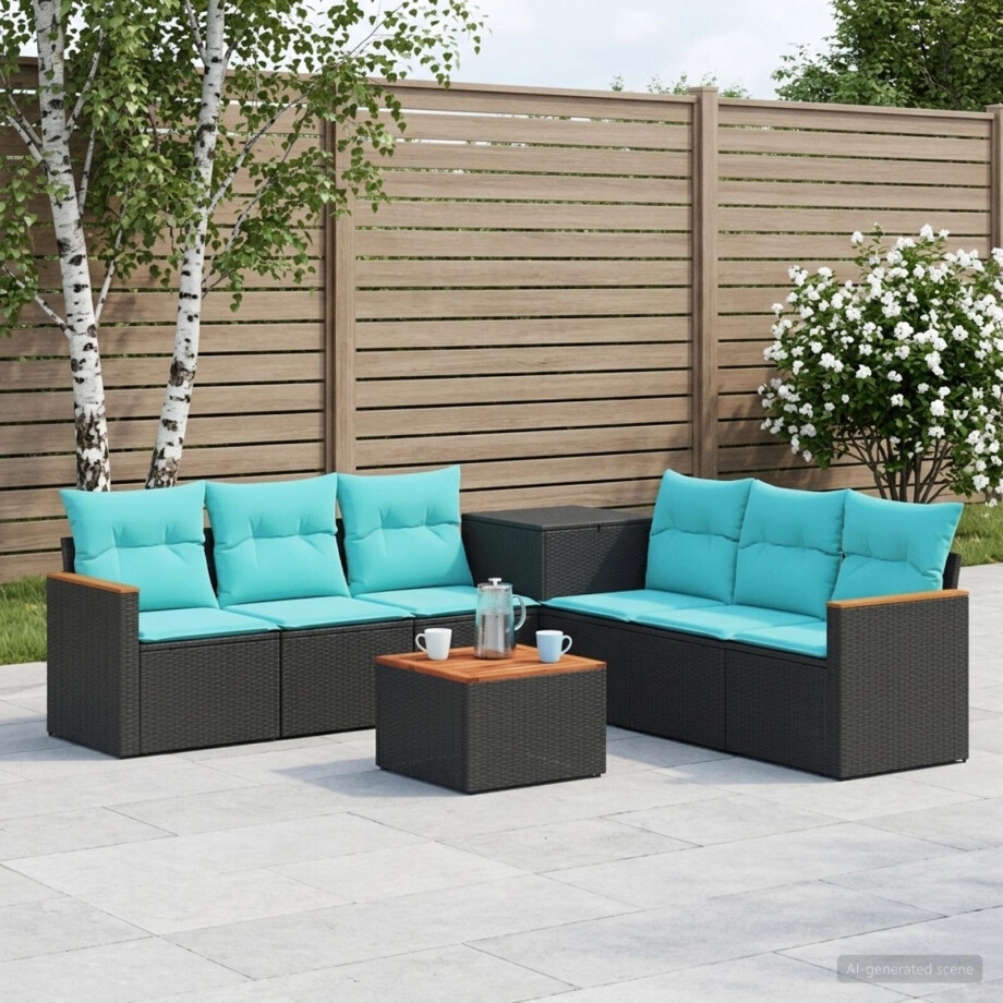 vidaXL Bankstel 8 st Zwart en Blauw Poly Rattan en Staal vidaXL Bankstel 8 st Zwart en Blauw Poly Rattan en Staal afbeelding 1