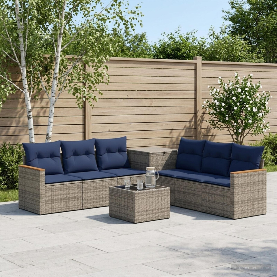 vidaXL Bankstel 8 st Grijs en Marineblauw Poly Rattan en Staal afbeelding 1