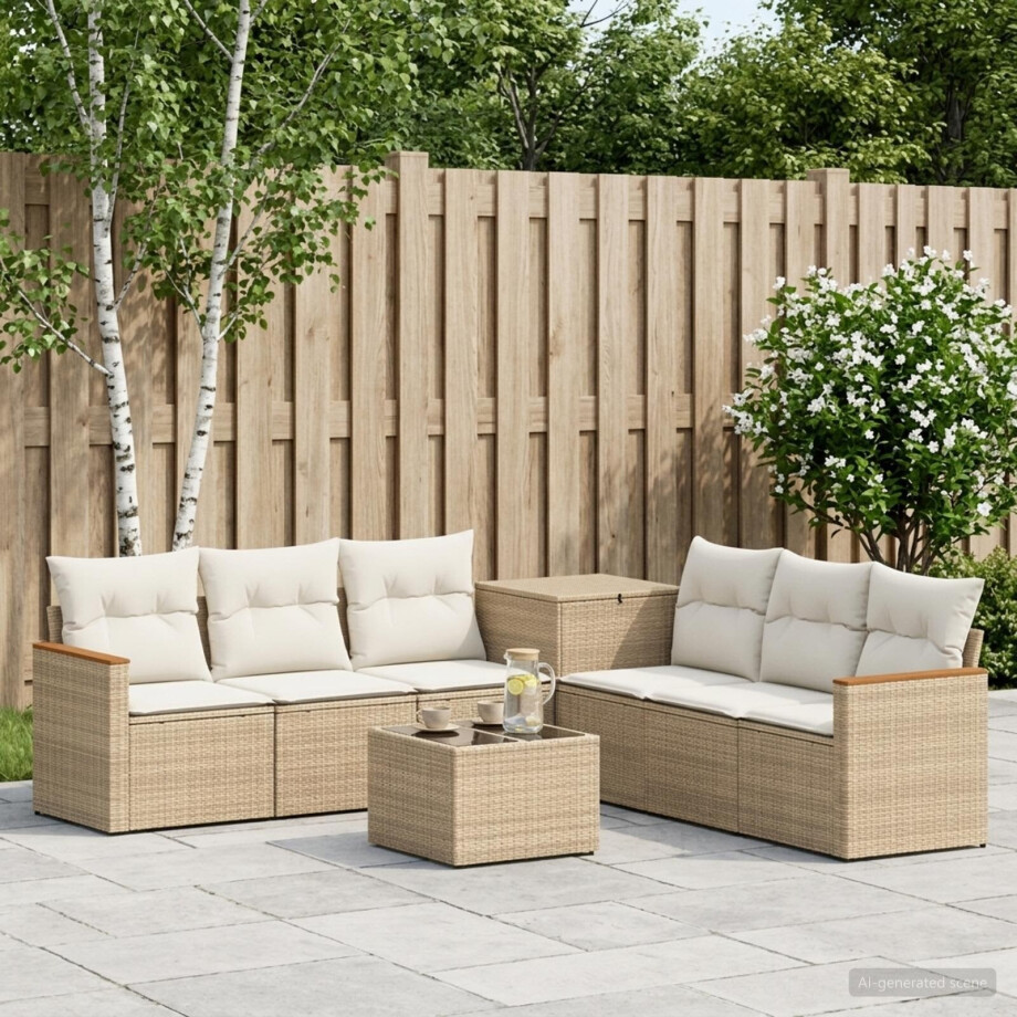 vidaXL Bankstel 8 st Beige en Crème Wit Poly Rattan en Staal afbeelding 1