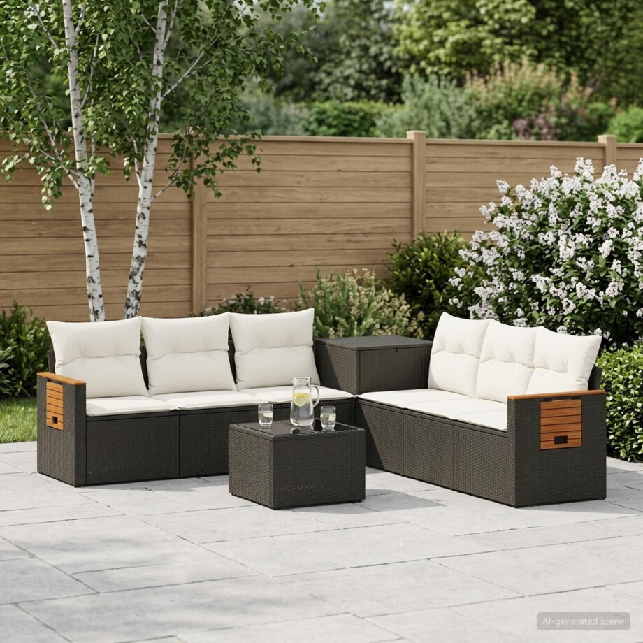 vidaXL Bankstel 8 st Zwart en Cream Wit Poly Rattan en Staal afbeelding 1
