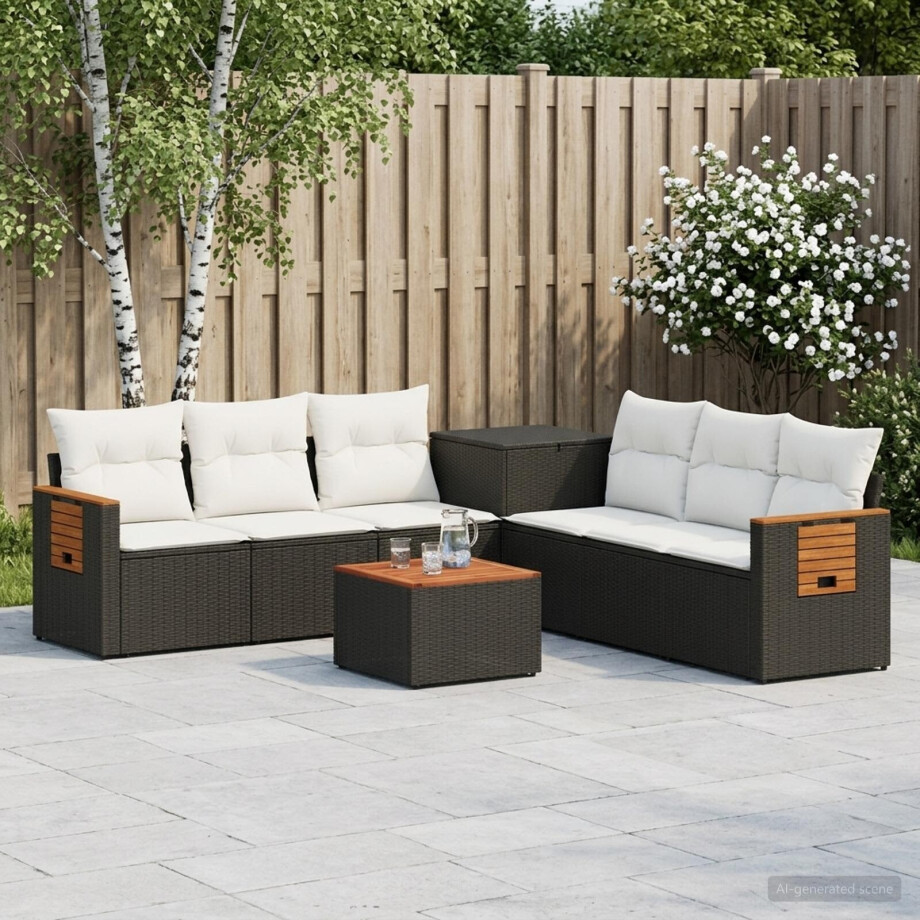 vidaXL Bankstel 8 st Zwart en Cream Wit Poly Rattan en Staal afbeelding 1