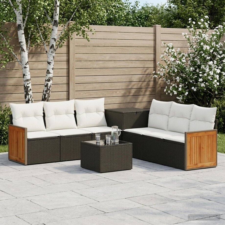 vidaXL Bankstel 8 st Zwart en Cream Wit Poly Rattan en Staal afbeelding 1