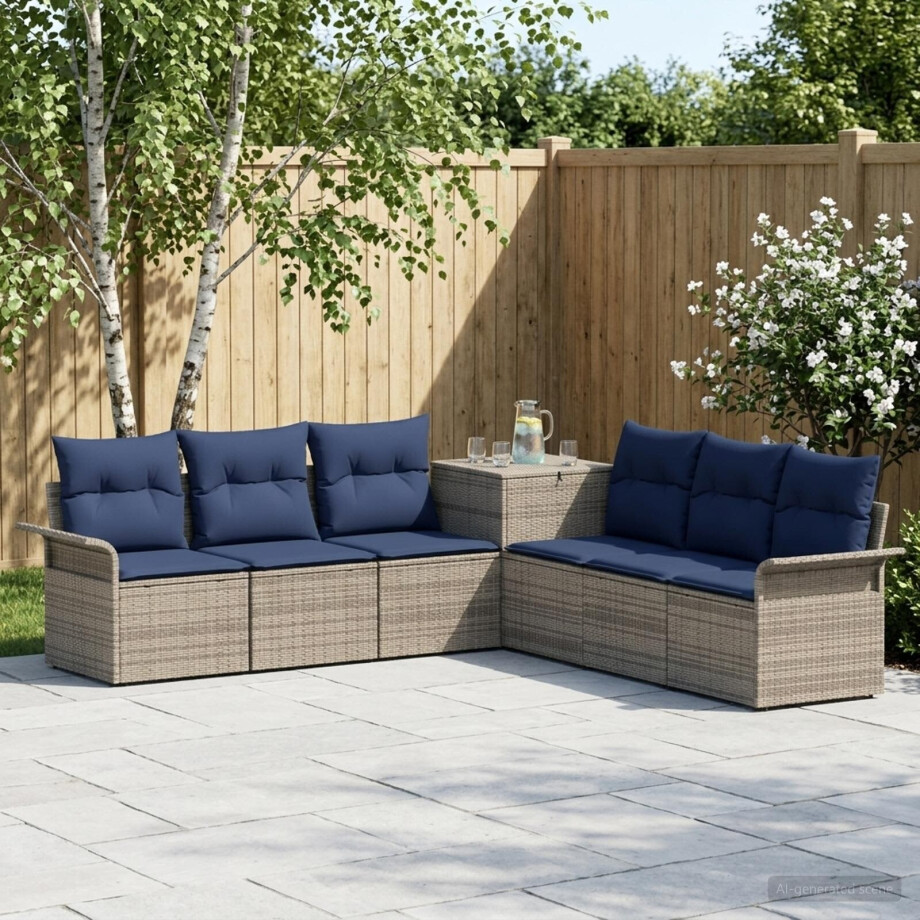 vidaXL Bankstel 7 st Grijs en Marineblauw Poly Rattan en Staal afbeelding 1